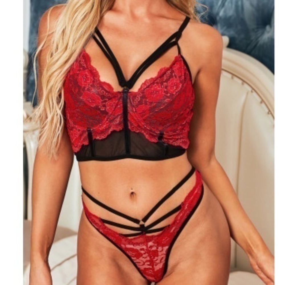 Red and black bra and panty matching lingerie set NEW S M L